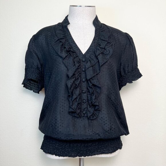 ESLEY Black Ruffle Button Short Sleeve Blouse Top Size Large - Picture 1 of 8